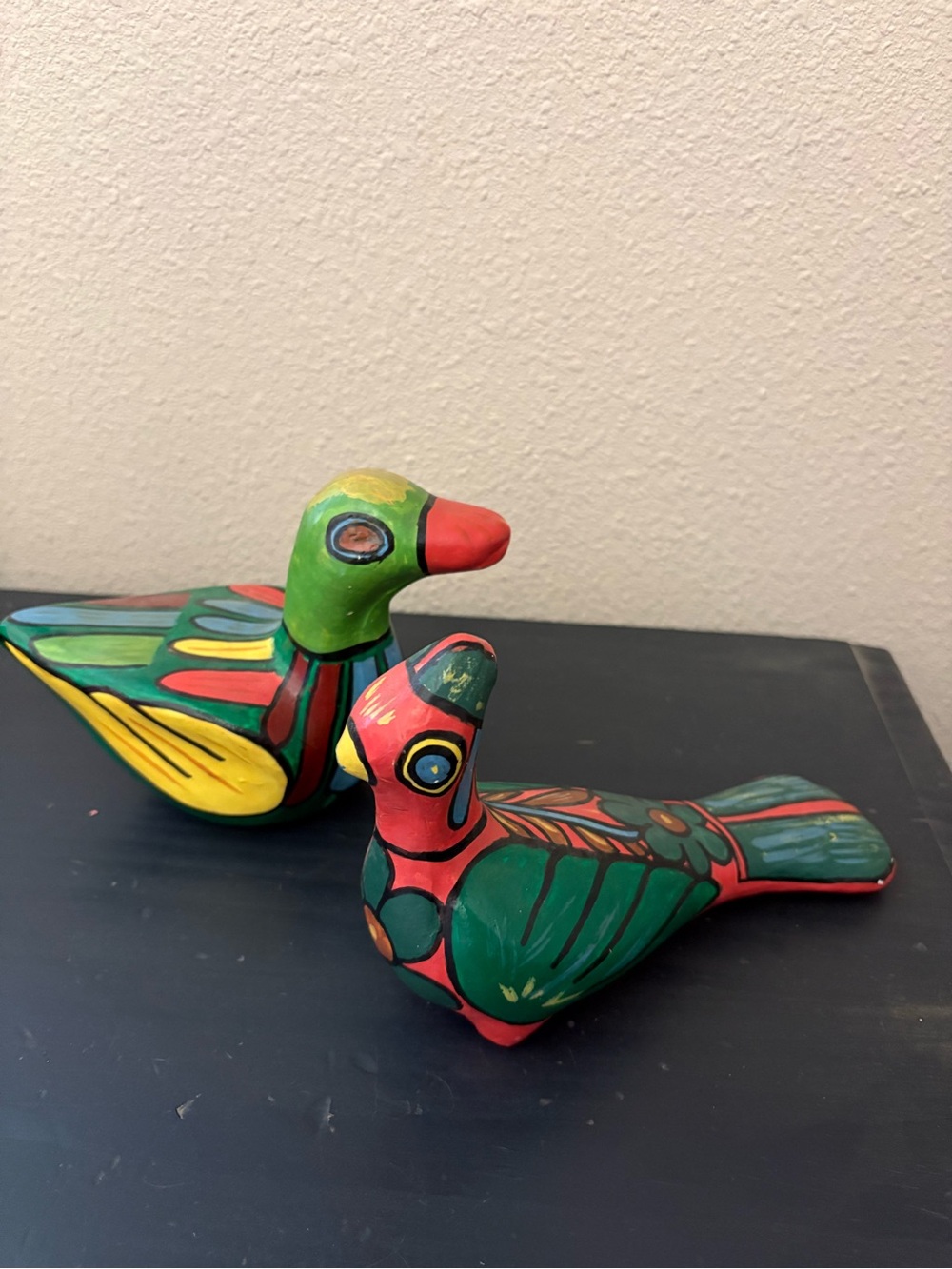 Hand Painted Wooden Bird Decor Green Red Folk Art Cottagecore Sculpture